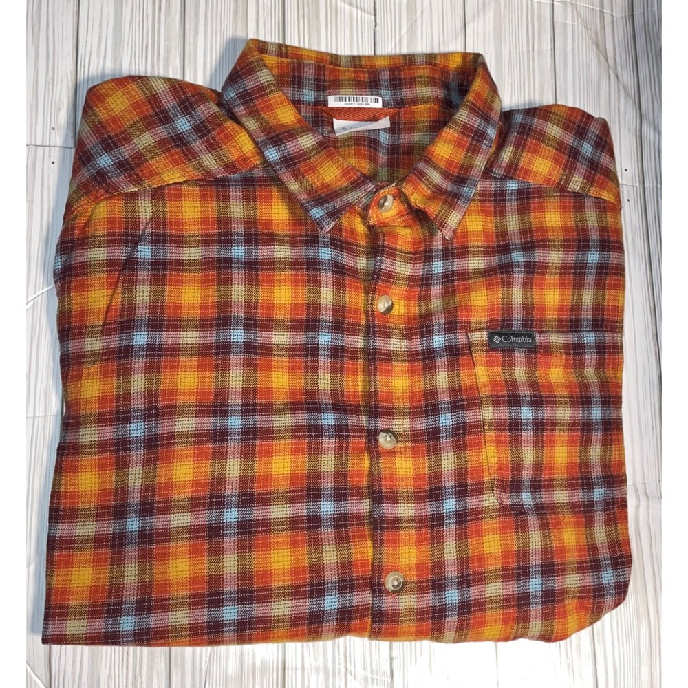 Columbia Mens XL Button Down Flannel Shirt Plaid‎ Orange Blue Long Sleeve